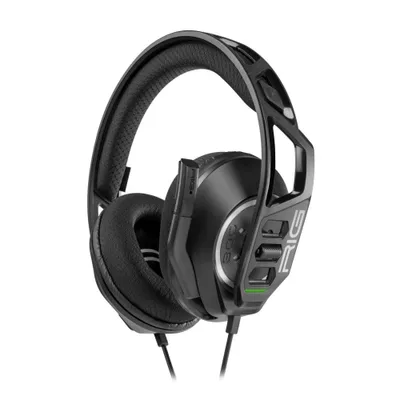 A black gaming headset with a microphone is shown against a white background.