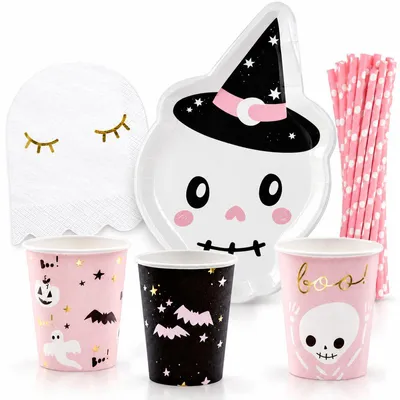 Produktbild von Partyset Skelett Halloween Teller Becher Servietten 68 tlg.