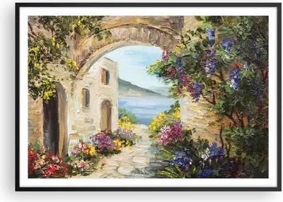 Produktbild von Gerahmtes Poster - Schwarzer Rahmen - Haus Santorini Blumen - 100x70 cm - Wand Bild - Wanddeko - Wandbilder - Wandposter - Bilderrahmen - Bilder - Kunstdruck - Wandbild - P2BAA100x70-4191