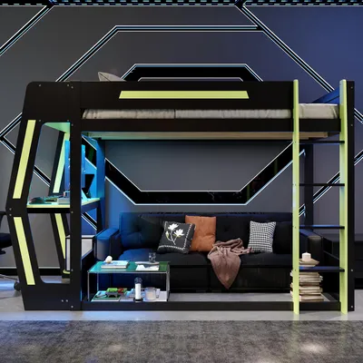 Obrázek produktu pro MODFU Gaming, postel s horním patrem, rozměry 120 x 200 cm, multifunkční postel s LED osvětlením, postel pro mládež se stolem, dřevěná postel s úložným prostorem, bez matrace, černá/zelená