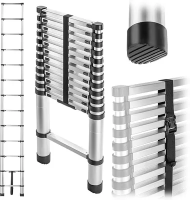 Imagen del producto de Escalera telescópica de aluminio, con 13 peldaños, extensible hasta 3,8 metros, capacidad de carga de 125 kg, base antideslizante, escalera plegable multiusos