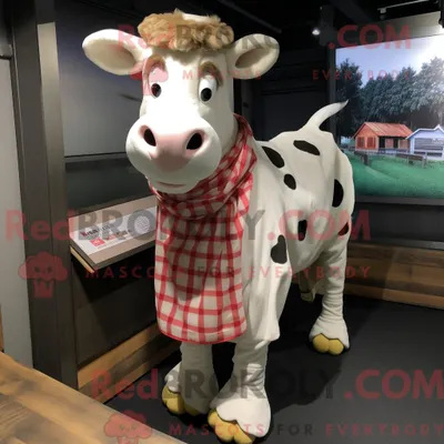 Produktbild von Maskottchen REDBROKOLY einer beigefarbenen Holstein-Kuh mit Flanellhemd und Schals