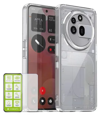 A transparent phone case and screen protector are displayed next to a smartphone.