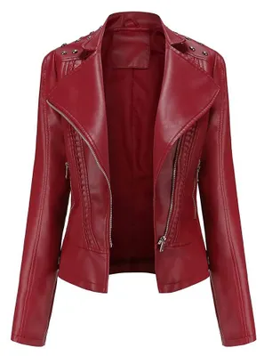 Produktbild von Damenjacke im Biker-Stil aus Kunstleder, klassisches Design, aus PolyurethanMaterial, kurze Passform, tailliert