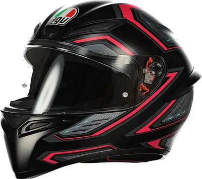 A black motorcycle helmet with red and gray accents, shown from the side.