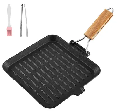 Obrázek produktu pro Kvalitní skládací litinová grilovací pánev KingCamp KA2314. Rozměr 24x24 cm, vroubkovaný povrch pro perfektní steaky a skládací rukojeť pro snadné cestování. Kompatibilní s indukcí i otevřeným ohněm. Včetně kleští a kartáče. Kupte si poctivé litinové nádo