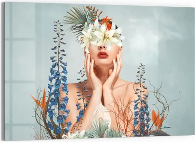 Produktbild von DEQORI Glasbild Echtglas 90x60 cm 'Nackte Frau mit Blumen' Wandbild Bild modern Deko