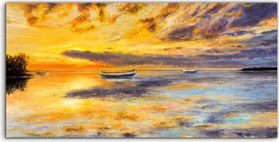 Produktbild von Coloray Spritzschutz aus Glas 140x70  Wandkunst Küchenrückwand Boots und Sonnenuntergangs See Malerei