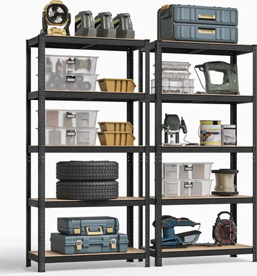 Two shelving units filled with various storage containers, tools, and car tires.