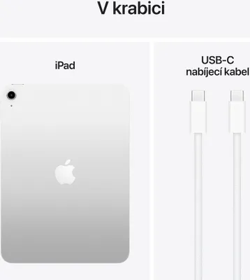 Image shows the contents of a box, including an iPad and a USB-C charging cable.