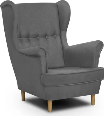 A single, gray wingback armchair is shown against a white background.