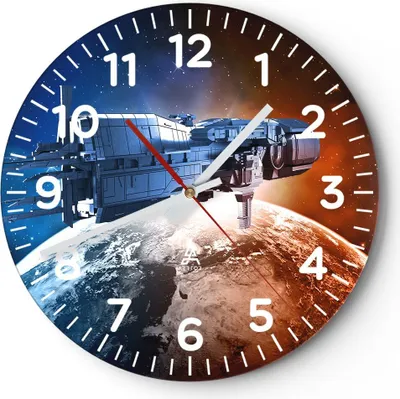 Produktbild von Wanduhr - Rund - Glasuhr - Kosmos Sputnik - 40x40cm - Schleichendes Uhrwerk - Lautlos - zum Aufhängen bereit - Dekoration Modern - Wanddekoration aus Glas - C4AR40x40-3597