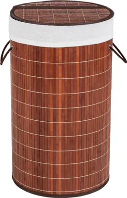 A laundry basket made of bamboo with a lid.