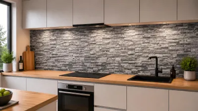 Productafbeelding van Wandpaneel voor keuken, achterwand, stenenlook, 3 mm aluminium composietplaat als spatwand, waterdichte keukenwand, inclusief UV-lak, mat, lotus effect, 240 x 60 cm