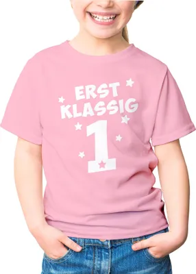 Produktbild von Kinder T-Shirt Mädchen Aufdruck erstklassig Zahl 1 Sterne Geschenk zur Einschulung Schulanfang Moonworks® rosa 122-128 (7-8 Jahre)