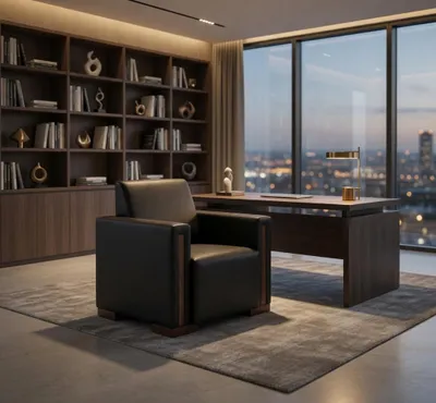 Image de Fauteuil en similicuir noir avec structure en bois, de style moderne