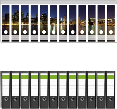 Produktbild von Wallario 12 Stück breite Ordner inkl. Klebeetiketten mit Motive New York Skyline - Brooklyn Bridge und Manhattan am Abend -  Set mit Rückenschildern / Ordnerrücken Stickern