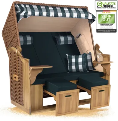 Produktbild von Strandkorb Ostsee 2,5-Sitzer 150cm breit in Beige Grün Weiß Kariert Montiert ideal für Balkon, Terrasse oder Garten