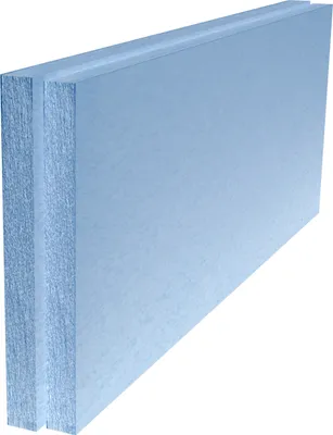 A close-up, angled view of a light blue insulation board.