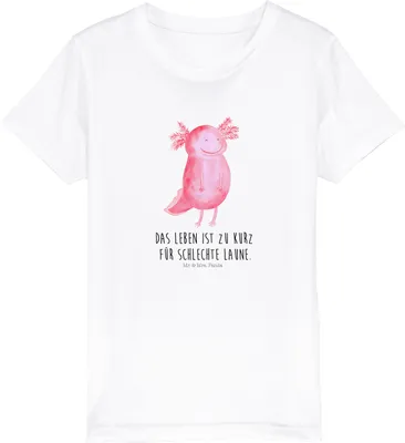 Produktbild von Mr. & Mrs. Panda Kleinkinder T-Shirt Axolotl Glücklich 7-8 Jahre (122/128) - Weiß - Geschenk, Mädchen, Motivationsspruch, Öko Kinder, Kindershirt, Teenager, gut Gelaunt