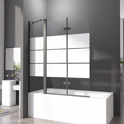 Produktbild von Duschwand für Badewanne 160 x 140 cm 2-teilig Faltbar Gestreift Duschtrennwand mit Stabilisator und Festteil Duschabtrennung 6mm Nano Glas Schwarz Badewannenaufsatz