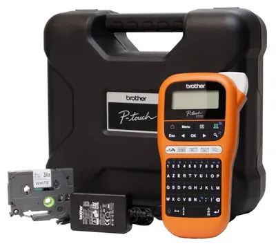 Produktbild von Brother PTE110VPYP1, QWERTY, TZe, 180 x 180 DPI, 20 mm/sek, Schwarz, Orange