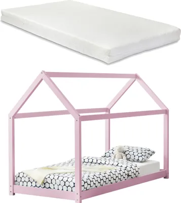 Produktbild von [en.casa] Kinderbett mit Matratze 90x200cm Rosa Holz Haus Design Kiefernholz Bett Holzbett Hausbett Kaltschaummatratze  Standard 100 Allergikergeeignet Atmungsaktiv