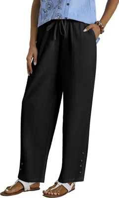Produktbild von ASKSA Damen Leinenhose Casual Leicht Leinen Hose Gerades Bein Palazzo Freizeithose Einfarbig Hohle Sommerhose (Schwarz,M)