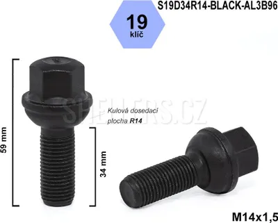 Obrázek produktu pro Kolový šroub M14x1,5x34 kulový R14, klíč 19, S19D34R14-BLACK-AL3B96, výška 59 mm, černý