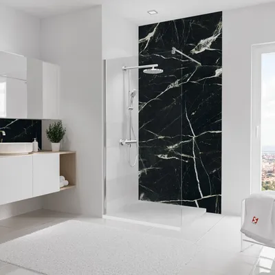 Produktbild von Schulte Duschrückwand Softtouch, 125 x 255 cm, Stein Marmor-Schwarz-Smaragd, Aluminiumverbundplatte, fugenloser Fliesenersatz