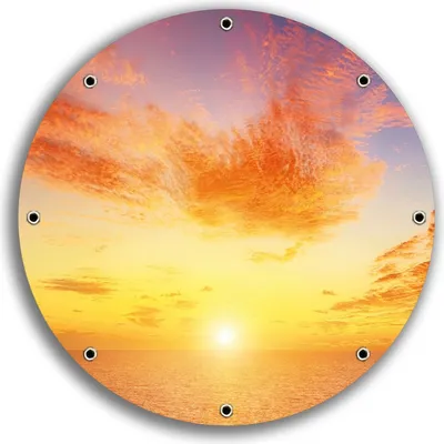 Produktbild von Wallario rundes Outdoor-Poster für Garten oder Balkon, Motiv Sonnenuntergang über dem Meer - rote Wolken und blauer Himmel, 30 cm Durchmesser