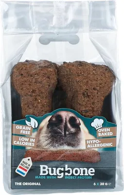 Productafbeelding van Bugbone hondenkoekje in de vorm van een bot, met insectenproteïne, maat: M / afmetingen: 10 x 4 cm