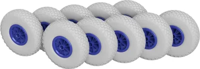 Immagine prodotto di 10 x Ruota in poliuretano Ø 260 mm 3.00-4 cuscinetto a strisciamento ruota del rimorchio volante per carrello manuale a prova di foratura, grigio/blu