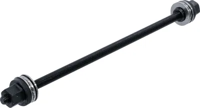 A threaded rod with nuts and washers on each end, likely a spindle for a tool.
