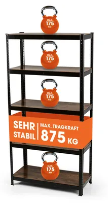 Zdjęcie produktu dla Półka EASYmaxx do ciężkich obciążeń | Udźwig 875 kg, 175 kg na półkę | Półka i blat roboczy | Półka do piwnicy, półka magazynowa z 5 regulowanymi półkami