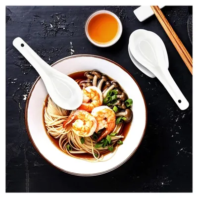 Produktbild von Asiatische Suppenlöffel, 6 Stück Keramische Suppenlöffel für Ramen, Porzellan Löffel Set für Suppe, Dumplings, Wonton, Miso und Desserts