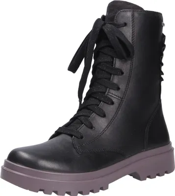 A single black boot with laces and a thick sole, shown against a white background.