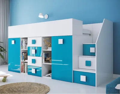 Produktbild von Hochbett Etagenbett weiß hochglanz mit Schreibtisch Schrank Regalen und Treppe rechts TELLY 3 weiß-türkis