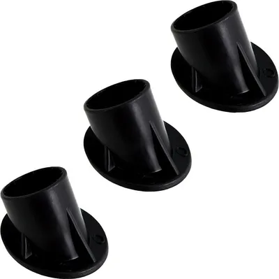 Three black plastic pool support feet are arranged diagonally on a white background.