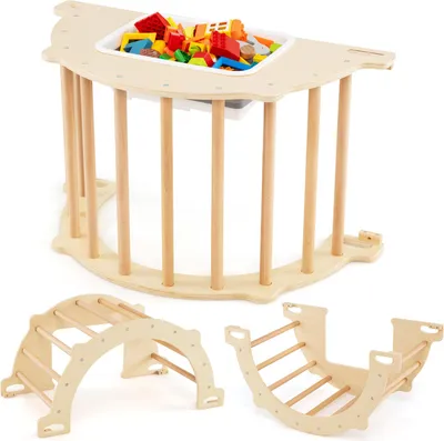 Zdjęcie produktu dla Łuk wspinaczkowy COSTWAY, wewnętrzna rama wspinaczkowa 8 w 1 ze schowkiem, plac zabaw dla dzieci do wspinaczki, huśtawki, zabawy w wodzie / piasku dla dzieci 3+S