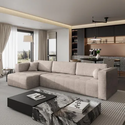 Produktbild von Masseno Ecksofa OLVERA mit Schlaffunktion L-Form, Sofa mit Bettkasten, Wohnzimmersofa, Couch, Soffa, Bettsofa, Couchgarnitur- Beige, NEVE 04