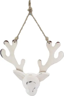 Produktbild von Rentier-Hänger 17-20cm. Holz Rentierkopf mit ALU Geweih. Weiß-Silber