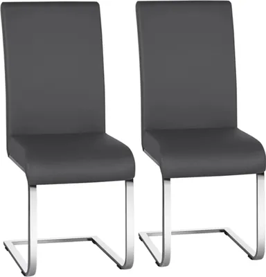 Two dark gray dining chairs with silver metal frames against a white background.