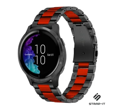Produktbild von Strap-it Stahlarmband - Kompatibel mit Garmin Venu Armband Gliederarmband Hochwertiger EdelstahlFaltschließe für Armband Schwarz, Rot 20mm smartwatch