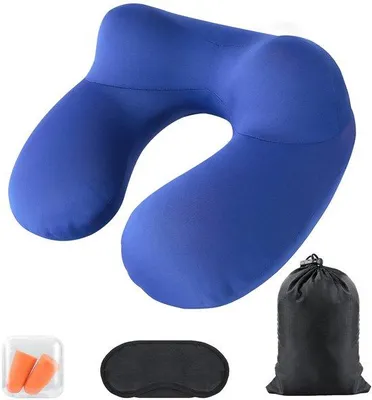 Zdjęcie produktu dla Ibenzoa® Ergonomiczna, nadmuchiwana poduszka pod głowę, zapewniająca wsparcie dla szyi pod kątem 360°, pokrowiec, który można prać, waga 140 g, etui podróżne, maska na oczy i zatyczki do uszu