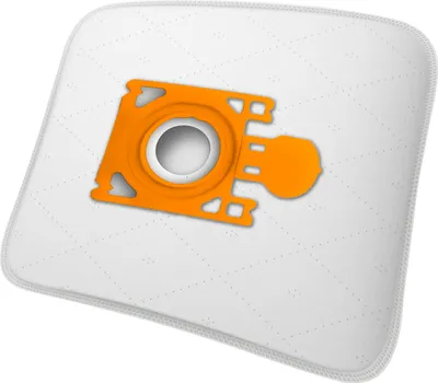 A white vacuum cleaner bag with an orange plastic connector.