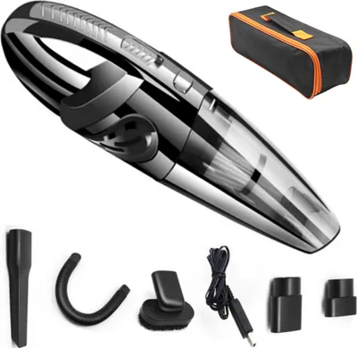 A black and silver portable vacuum cleaner with various attachments and a storage bag, displayed against a white background.