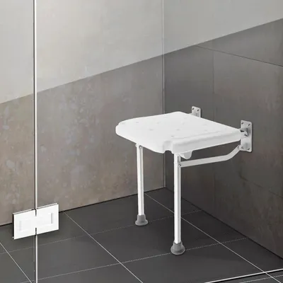 Produktbild von Duschklappsitz - Zur Wandmontage - Aluminiumlegierung - Korrosionsbeständig - Belastbar - Platzsparend - Weiß