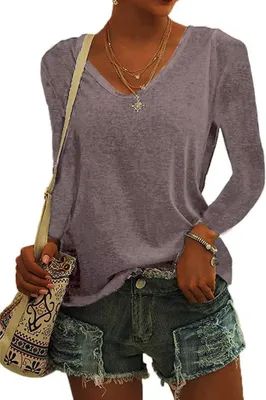 Image de ASKSA Femme Col en V T-shirt Unicolore Manches Longues Hauts Casual Lâches T-shirts Tee Tops, Gris Marron, M