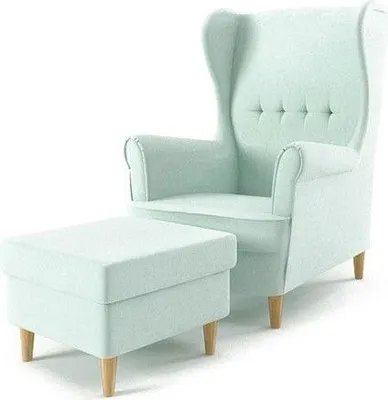 Produktbild von Ohrensessel Milo mit Hocker - Farben zur Auswahl -Sessel für Wohnzimmer & Esszimmer Skandinavisch - Relax Sessel aus Webstoff - FARBE: HELLGRÜN